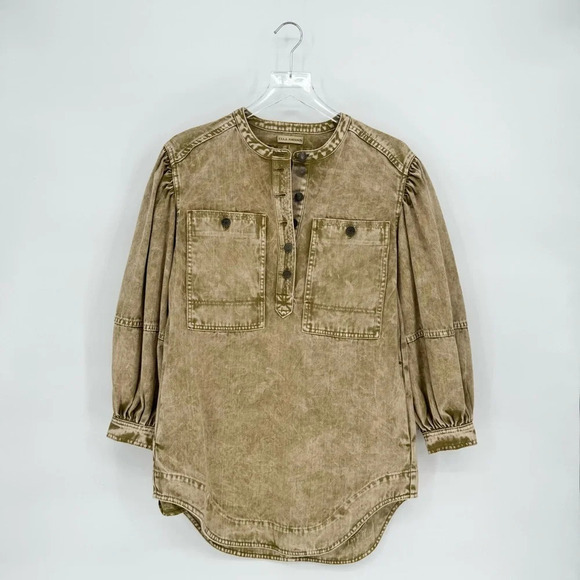 Ulla Johnson Wesley Cotton Denim Tunic Mini Dress 0 Oasis Khaki Balloon Sleeve - Picture 6 of 15